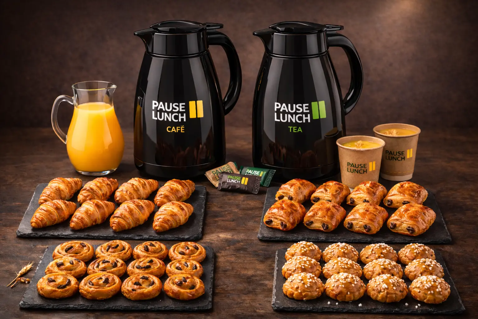 Pause Matinale : 1 Thermos de café et d'eau chaude, sachets de thé, 24 mini viennoiseries pur beurre, 1 litre de jus d'orange. Petites gourmandises, sucres, dosettes de lait, serviettes et gobelets 8-10 personnes